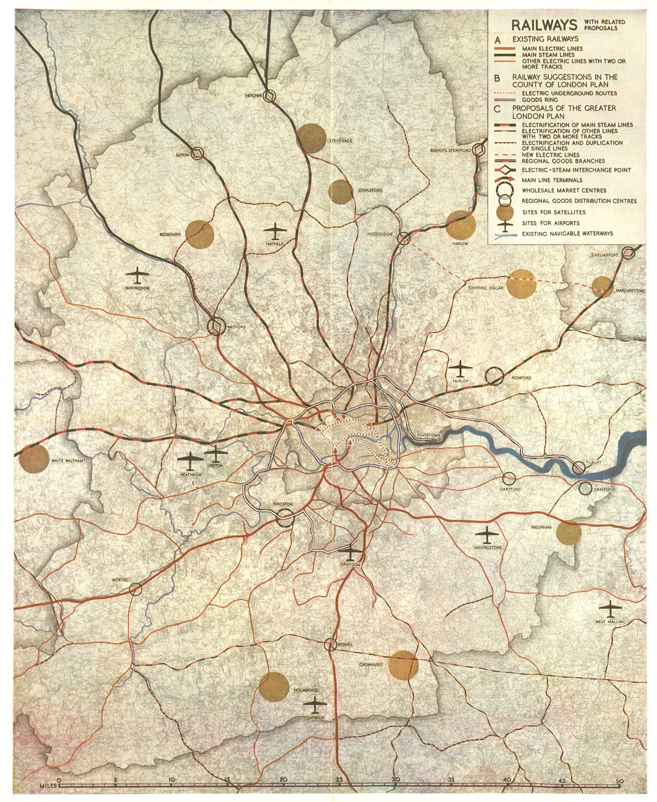 GREATER LONDON PLAN. Railways electrification airports. ABERCROMBIE 1944 map